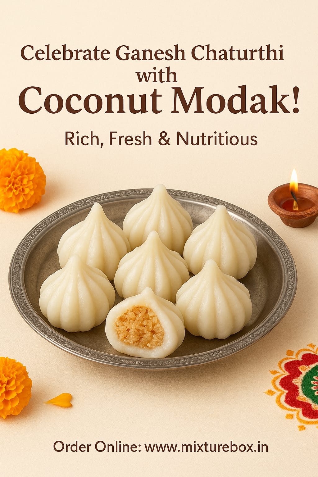 Traditional Coconut Modak – soft, sweet coconut filling wrapped in a smooth, chewy outer shell, perfect for festive occasions.