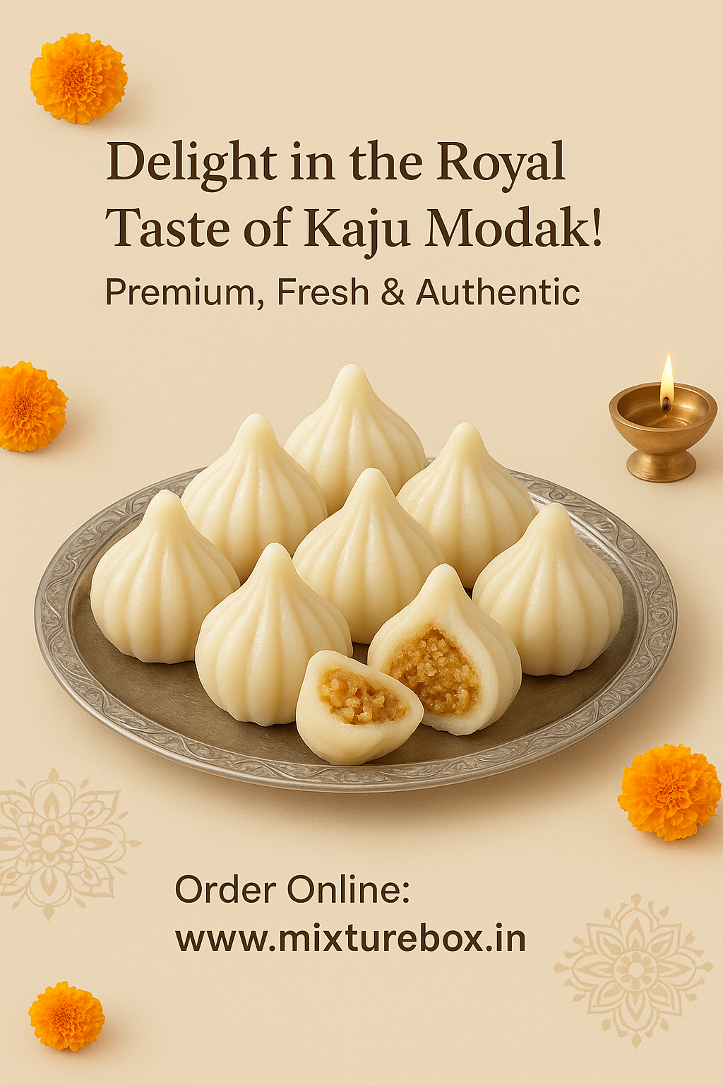 Delicious Kaju Modak – soft, sweet, and aromatic cashew-filled dumplings, perfect for festive celebrations."