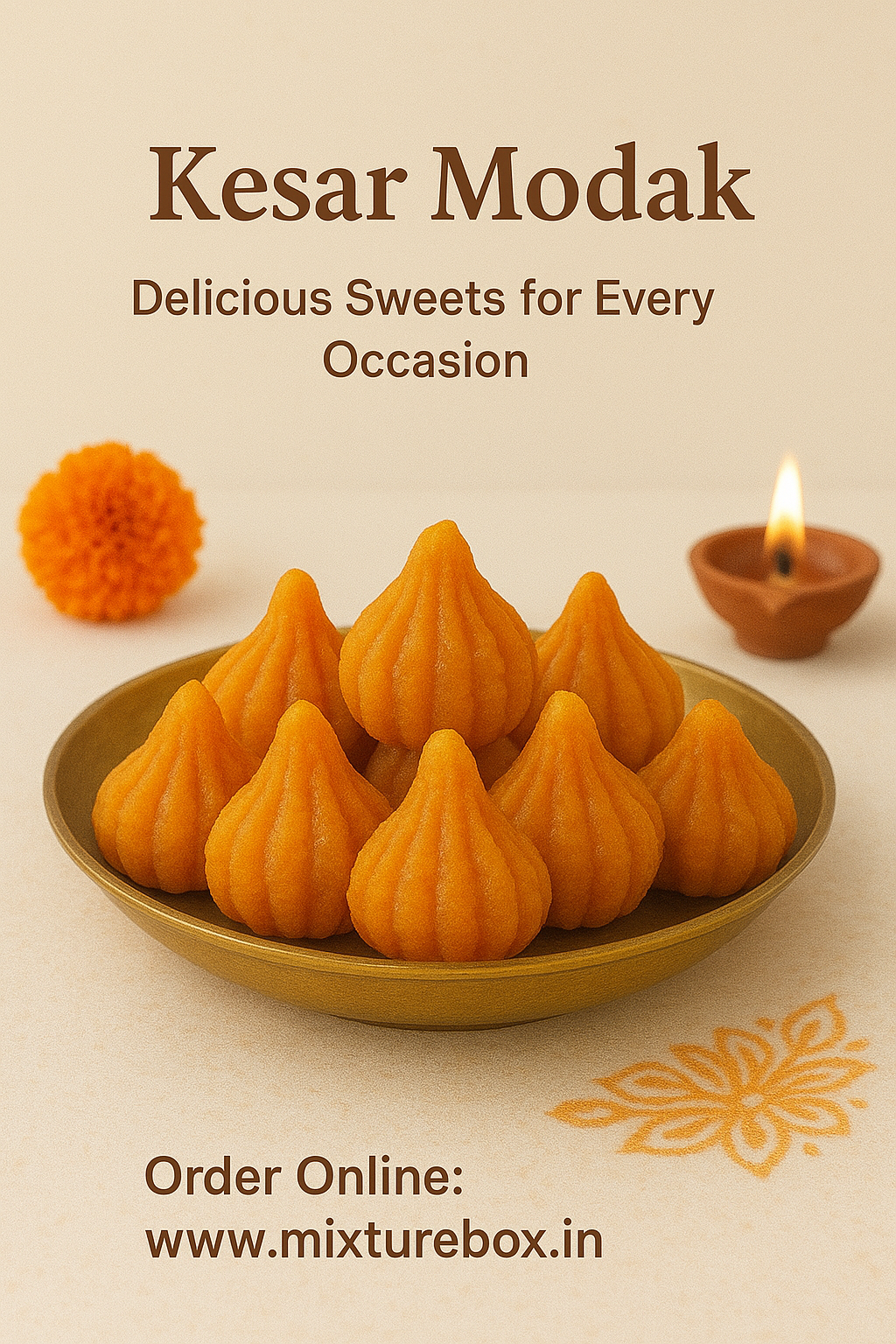 Kesar Modak sweets on a plate with decorative elements and text for ordering online.