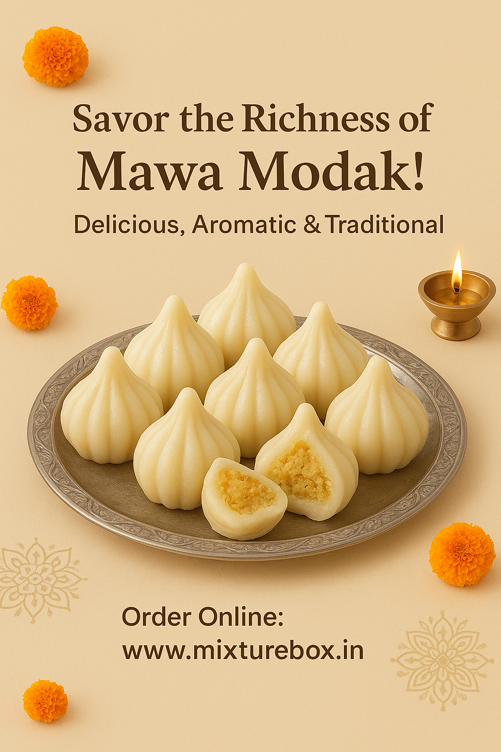 Mawa modak on a plate with decorative elements and text promoting Mawa modak from Mixturebox.in