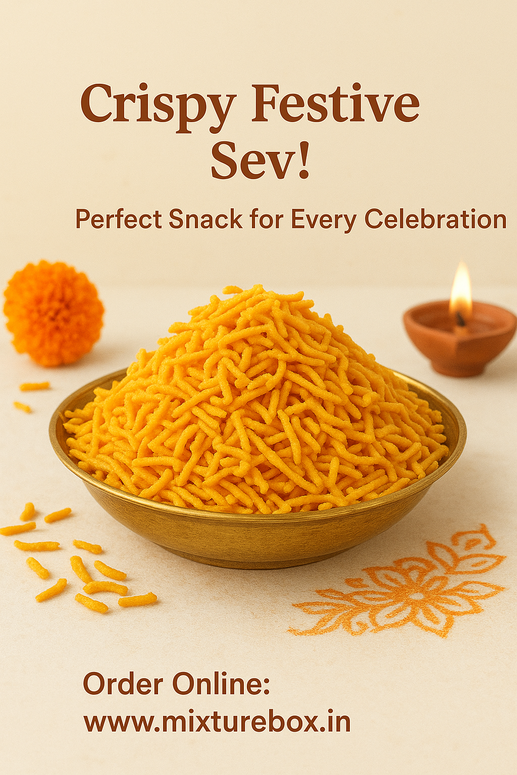 Crunchy Sev – crispy, golden strands of savory fried chickpea flour, perfect for snacking or adding to your favorite dishes."